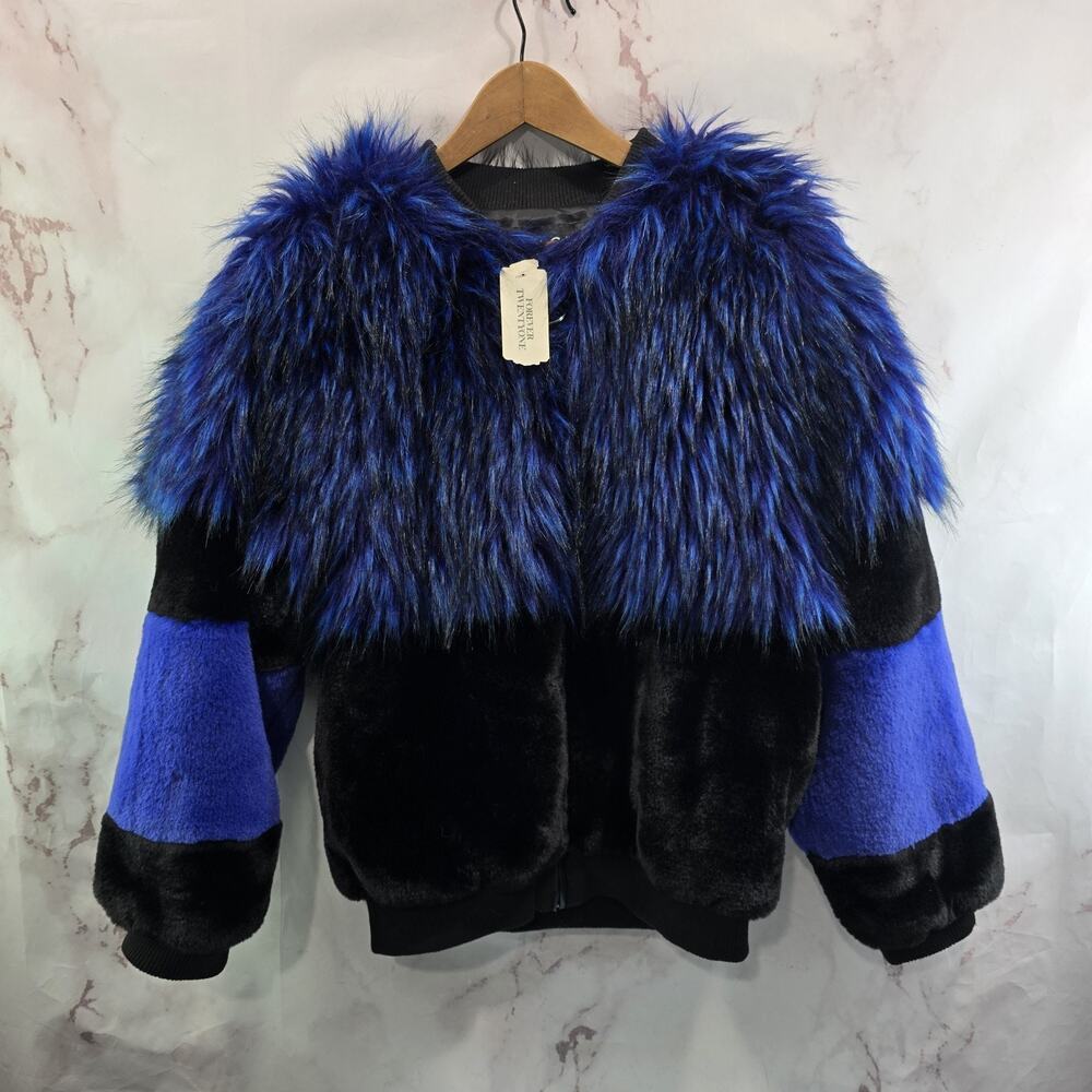 Shaci Coat Womens Medium Blue Black Faux Fur Colorblock Bomber Glam Mob Retro